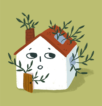 Illustration eines Hauses mit Zimmerpflanzen, die aus Fenstern und Tür wachsen.