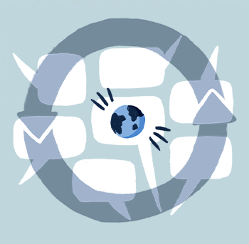 In der Diskussion rund um die Klimakrise drehen wir uns immer wieder im Kreis. Illustration mit Sprechblasen und der Erde.