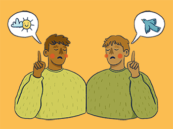 Illustration von zwei Personen, die miteinander über Klimaschutz und Artenschutz diskutieren