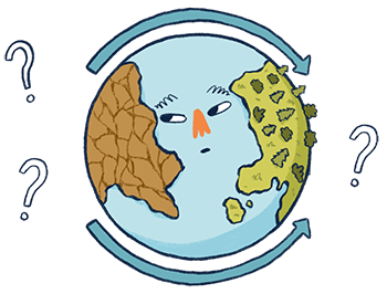Klimaflucht. Illustration Planet Erde mit vertrockneter und grüner Landmasse.