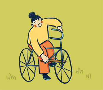 Warum wir uns beim Klimaschutz selbst betrügen. Illustration einer Person auf einem Fahrrad, die sich selbst einen Stock zwischen die Speichen hält.