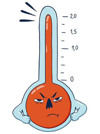 Thermometer mit wütendem Gesicht und geballten Fäusten.